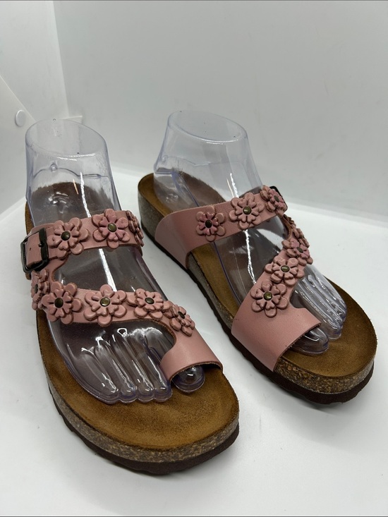 Sophia Milano Shoes - Sophia Milano Wedge Sandals Size 9 Mauve Pink Leather Flowers Slip On Toe Post